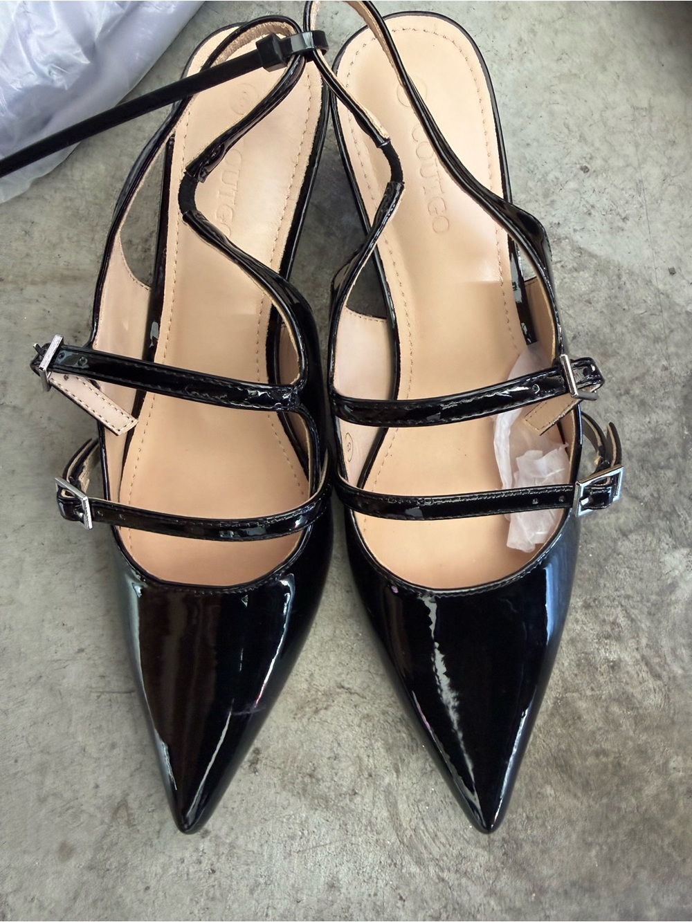 Patent Pointed-Toe Mary Jane Slingback Flats in Black